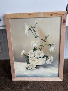 Vintage Original Still Life White Petunias Floral Oil Painting